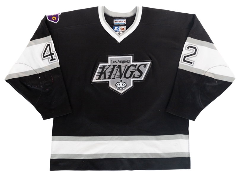 Dan Bylsmas 1996-97 Los Angeles Kings Signed Game-Worn Jersey - Nice Game Wear! - Team Repairs! - JKC Memorial Patch! 
