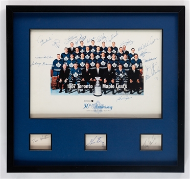 Toronto Maple Leafs 1967 Stanley Cup Champions "30th Anniversary Dinner" Team-Signed Display Signed by 20 Including Deceased HOFers Sawchuk, Horton, Armstrong, Bower and Kelly with JSA LOA (23" x 22")