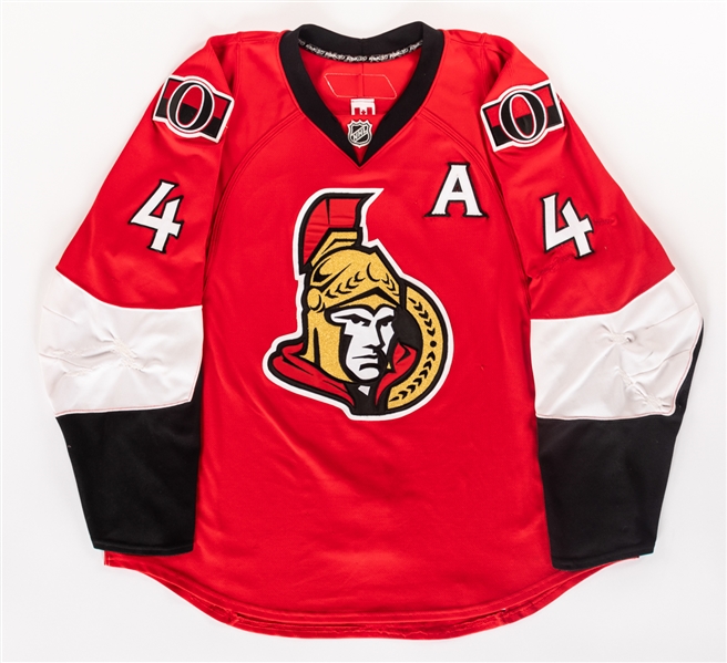 Chris Phillips 2007-08 Ottawa Senators Game-Worn Alternate Captains Jersey with LOA - Team Repairs! - Photo-Matched!