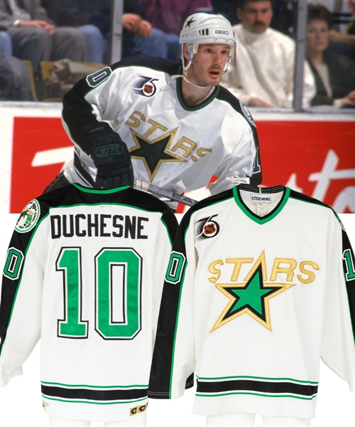 Gaetan Duchesnes 1991-92 Minnesota North Stars Game-Worn Jersey with LOA - Team Repairs! - NHL 75th Anniversary and North Stars 25th Anniversary Patches!