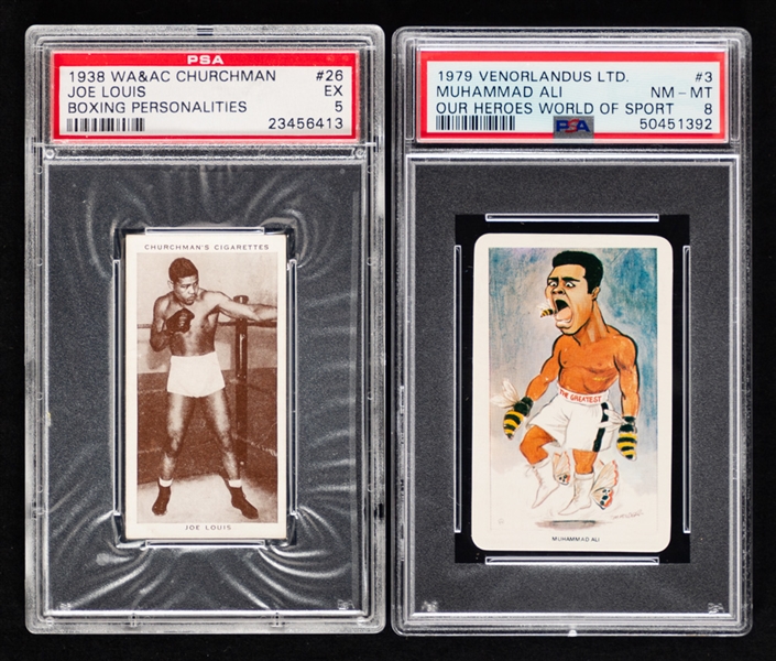 1938 W.A. & A.C. Churchman Boxing Personalities Joe Louis #26 Joe Louis (PSA 5) and 1979 Venorlandus Ltd. Our Heroes World of Sport #3 Muhammad Ali (PSA 8) 