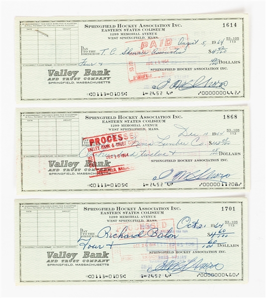 Deceased HOFer Eddie Shore Springfield Hockey Association Signed Mid-1960s Checks (3) with LOA