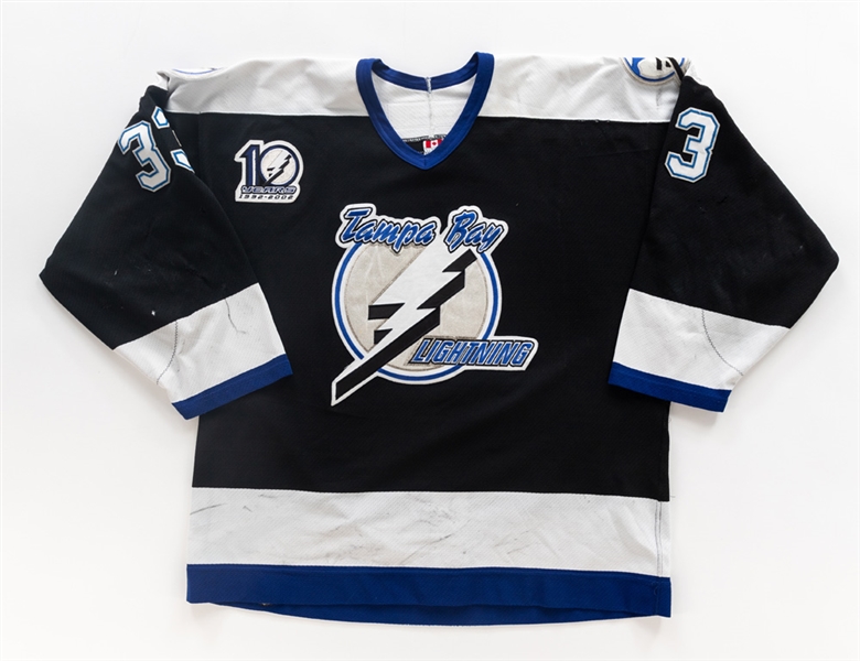 Fredrik Modins 2001-02 Tampa Bay Lightning Game-Worn Jersey with Team COA - 10 Years Patch! - Nice Game Wear! - Photo-Matched!