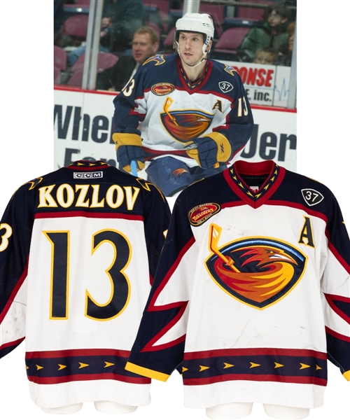 Vyacheslav Kozlovs 2003-04 Atlanta Thrashers Game-Worn Alternate Captains Jersey with LOA - 5th Season & Dan Snyder Patches! - Team Repairs! - Photo-Matched!