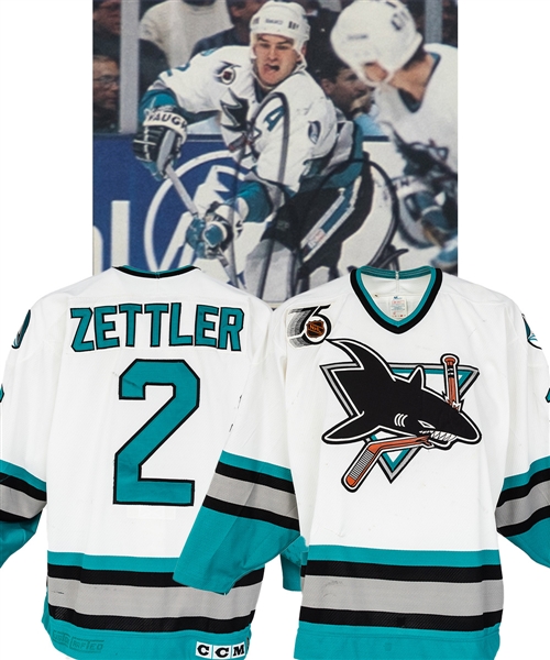 Rob Zettler’s 1991-92 San Jose Sharks Inaugural Season Game-Worn Jersey with LOA - 75th Patch!