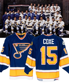 Craig Coxes 1988-89 St. Louis Blues Game-Worn Jersey - Barcley Plager and Dan Kelly Patches!