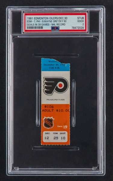 December 30th 1981 Wayne Gretzky 50 Goals in 39 Games Program and Ticket Stub (Graded PSA 2 - Second Highest Graded)