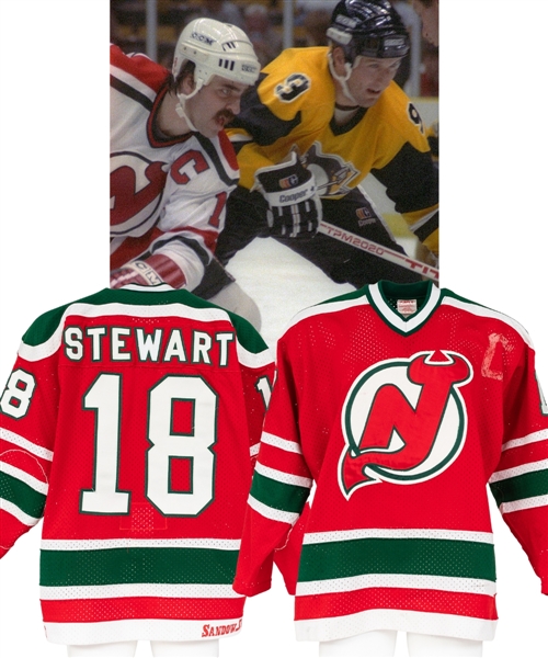 New Jersey Devils Game-Worn Jersey from 1982-83 Inaugural Season Set Attributed to Mel Bridgman (1983-84 Pre-Season) and Alan Stewart (1987-88 Pre-Season) with Team LOA