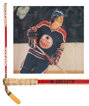 Wayne Gretzkys 1978-79 WHA Edmonton Oilers Vintage-Signed Red Titan Game-Used Professional Hockey Rookie Season Stick - Model of Stick Shown on His 1979-80 Rookie Card!