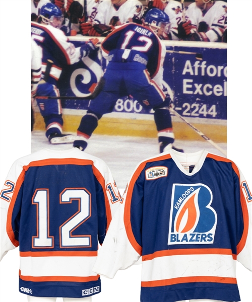 Jarome Iginlas 1993-94 Kamloops Blazers Signed WHL Rookie Season Game-Worn Jersey - Blazers 10 Year Anniversary Patch! - Nice Game Wear with Team Repairs!