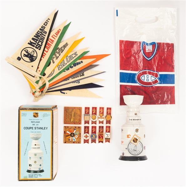 Vintage NHL Stanley Cup Ceramic Bank in Original Box and 1975-76 NHL Pennant Set