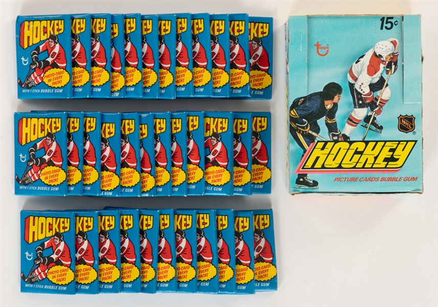 1976-77 Topps Hockey Wax Packs (36 - Bryan Trottier Rookie Year!) Plus 1977-78 Topps Hockey Empty Wax Box