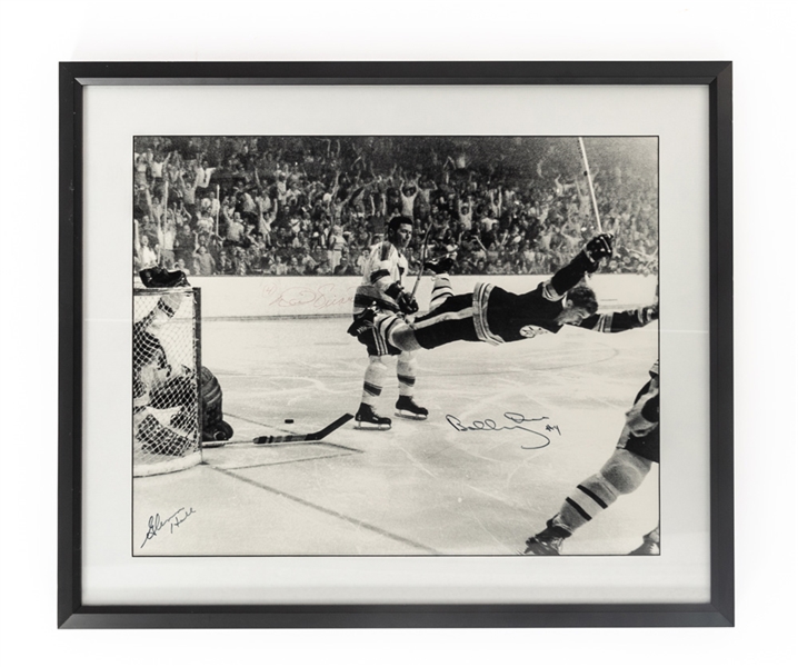 Brett Hulls "The Goal" Bobby Orr, Noel Picard and Glenn Hall Signed Framed Photo with LOA (21" x 25")