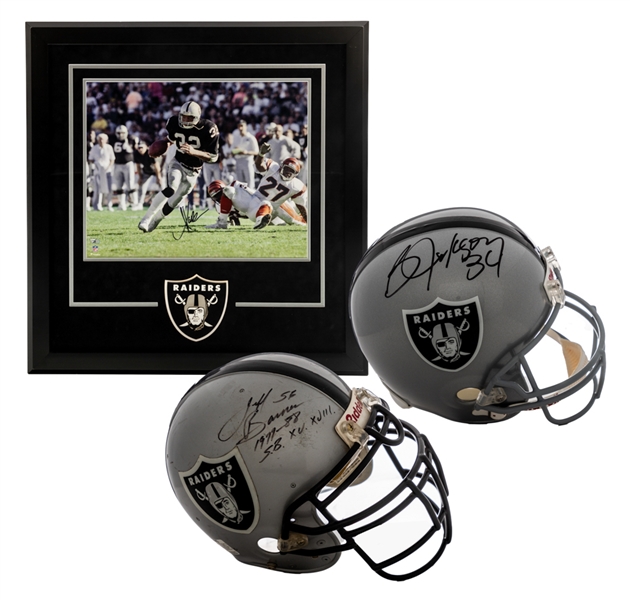 Bo Jackson and Jeff Barnes Single-Signed Los Angeles/Oakland Raiders Full-Size Riddell Helmets Plus Marcus Allen Los Angeles Raiders Signed Framed Display with LOA/COAs