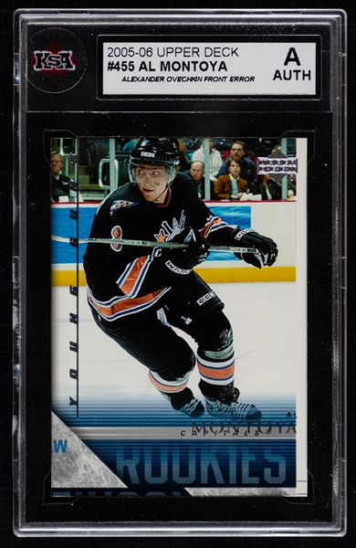 2005-06 Upper Deck Young Guns Hockey Card #455 Al Montoya Rookie with Alexander Ovechkin Front Error - Graded KSA Authentic
