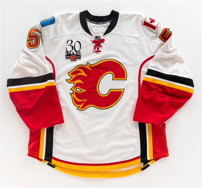 Mark Giordanos 2009-10 Calgary Flames Game-Worn Jersey with Team LOA - 30th Patch! - Team Repairs!