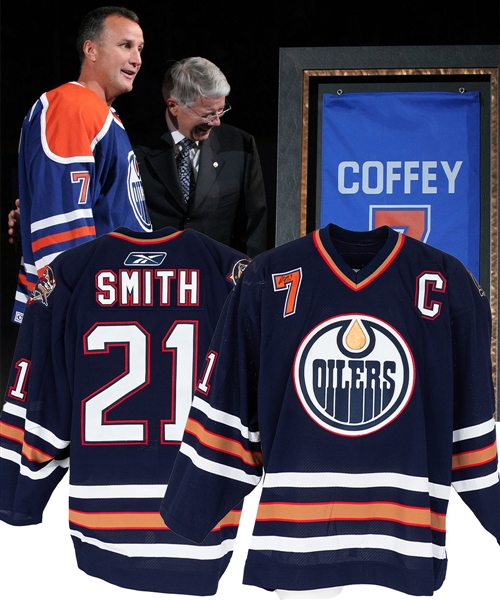 Jason Smiths October 18th 2005 Edmonton Oilers "Paul Coffey Night" Game-Worn Captains Jersey with Team LOA