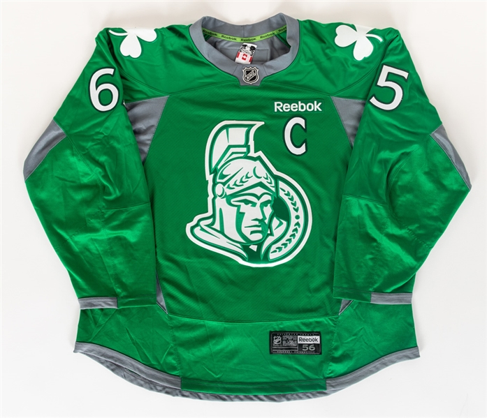Erik Karlssons 2014-15 Ottawa Senators Signed St. Patricks Day Warm-Up Worn Captains Jersey