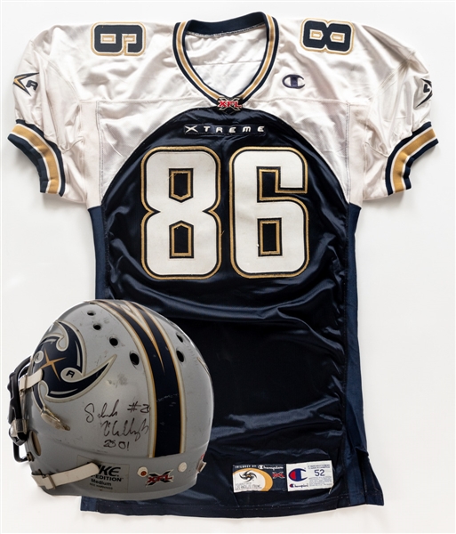 Jermaine Copelands 2001 XFL Los Angeles Xtreme Signed Game-Worn Jersey Plus Saladin McCulloughs 2001 XFL Los Angeles Xtreme Signed Game-Worn Helmet with LOAs