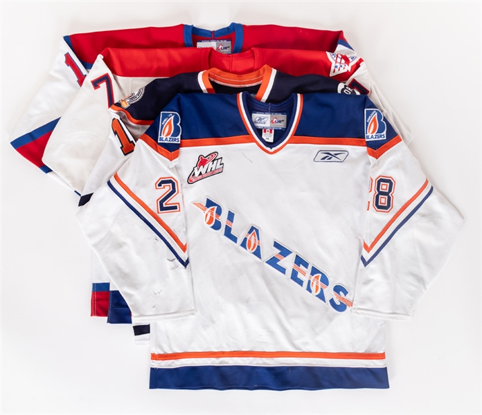 Western Hockey League (WHL) Signed and Unsigned Game-Worn Jersey Collection of 4 Including Chris Phillips 1996-97 Lethbridge Hurricanes Jersey - Most with LOAs! 