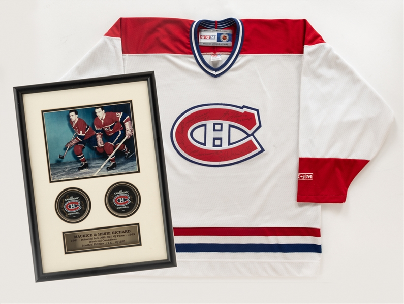 Montreal Canadiens Deceased HOFers Maurice and Henri Richard Single-Signed Pucks Framed Display Plus Multi-Signed Jersey by 6 HOFers Inc. Lafleur, Beliveau and H. Richard