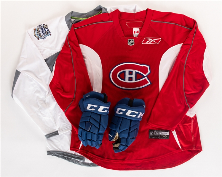 Lars Ellers 2011-12 Montreal Canadiens Training Camp Worn Jersey and 2016 Winter Classic Game-Used Gloves Plus Brian Flynns 2015-16 Canadiens Practice Jersey - LOAs 