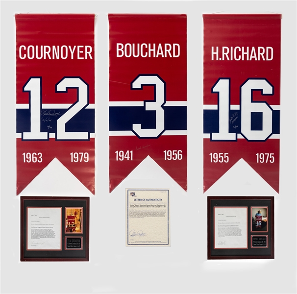 Henri Richard, Butch Bouchard and Yvan Cournoyer Signed Montreal Canadiens Limited-Edition Jersey Retirement Banners with Signed and Framed LOAs