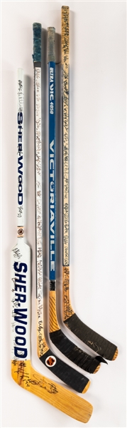 Edmonton Oilers 1990s Game-Used/Game-Issued Team-Signed Stick Collection of 4 Including Bill McDougall (1992-93), Craig McTavish (1993-94), Bob Essensa (1997-98) and Team-Signed 1994-95 Stick