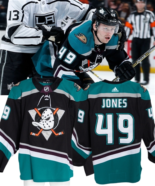 Max Jones 2018-19 Anaheim Ducks Game-Worn Rookie Season Third Jersey with Team LOA - 25th Anniversary Season! - Photo-Matched!