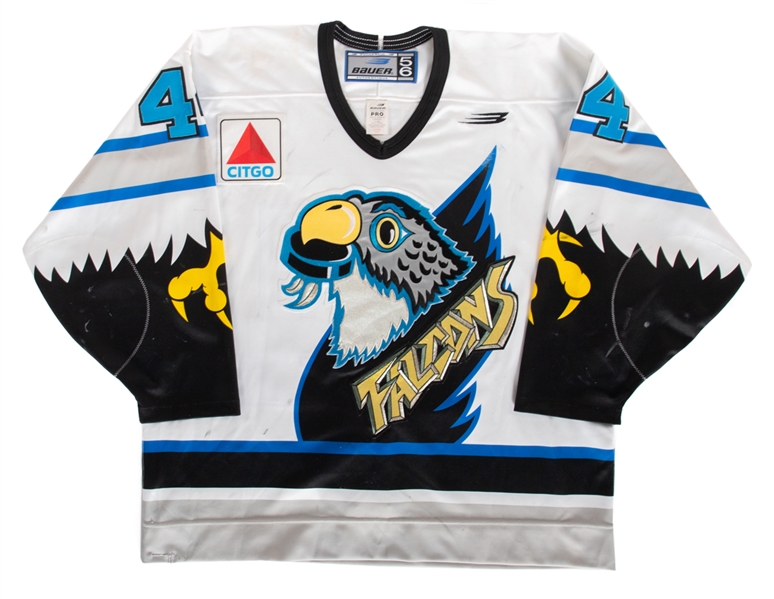 Richard Lintners 1998-99 ECHL Springfield Falcons Game-Worn Jersey with Team LOA - Team Repairs!