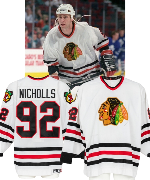 Bernie Nicholls 1994-95 Chicago Black Hawks Game-Worn Playoffs Jersey with Team LOA - Team Repairs!