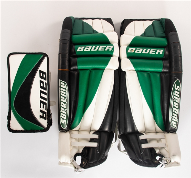 Ed Belfours 2001-02 Dallas Stars Bauer Supreme Game/Practice Worn Pads Plus 2001-02 Bauer Supreme Pro Practice-Used Blocker with His Signed LOA