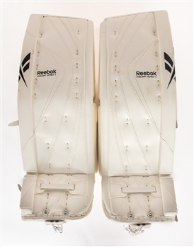 Ed Belfours Mid-to-Late-2010s Pro Stock Reebok Premier Series II Signed Goalie Pads From His Personal Collection with His Signed LOA