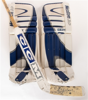 Ed Belfours 2002-03 Toronto Maple Leafs CCM Heaton 10 Game-Issued Pads Plus CCM Heaton Game-Used Stick From His Personal Collection with His Signed LOA