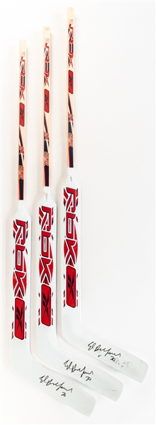 Ed Belfours 2006-07 Florida Panthers Signed Reebok Premier Series Game-Issued Stick Collection of 3 From His Personal Collection with His Signed LOA - His Last NHL Season!