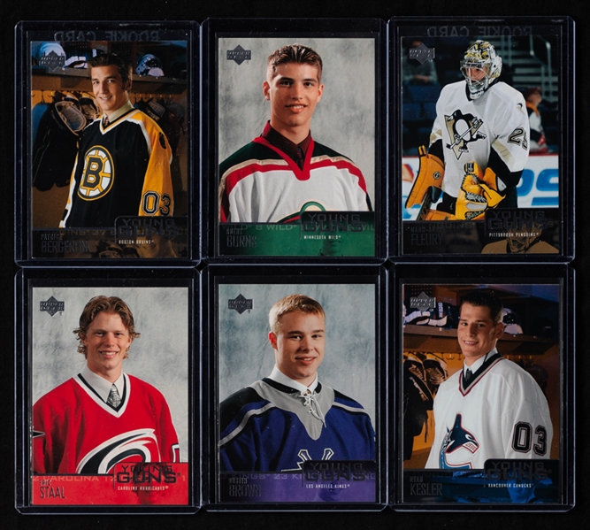 2003-04 and 2004-05 Upper Deck Young Guns Complete Hockey Card Set Including 2003-04 #204 Patrice Bergeron Rookie, #221 Brent Burns Rookie and #234 Marc-Andre Fleury Rookie