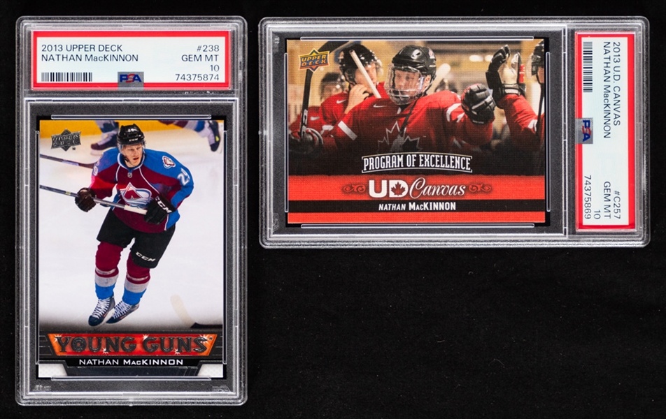 2013-14 Upper Deck Young Guns Hockey Card #238 Nathan MacKinnon Rookie (Graded PSA GEM MT 10) and 2013-14 Upper Deck Canvas POE #C257 Nathan MacKinnon (Graded PSA GEM MT 10)