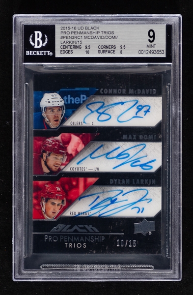 2015-16 Upper Deck Black Pro Penmanship Trios Signed Hockey Card #PEN3RC1 Connor McDavid / Max Domi / Dylan Larkin (10/15) - Graded Beckett Mint 9 (Card and Autographs)