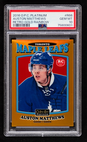 2016-17 O-Pee-Chee Platinum Retro-Gold Rainbow Hockey Card #R-66 Auston Matthews Rookie (054/149) - Graded PSA GEM MT 10