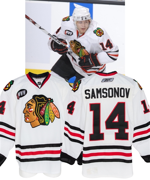 Sergei Samsonovs 2007-08 Chicago Blackhawks Game-Worn Jersey with Team LOA - "WWW" Patch!