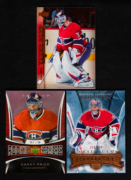 2007-08 UD Young Guns Hockey Card #227 Carey Price Rookie, 2007-08 Trilogy Rookie Premieres Hockey Card #154 Carey Price (439/999) and 2007-08 Artifacts Rookie Hockey Card #205 Carey Price (319/599) 