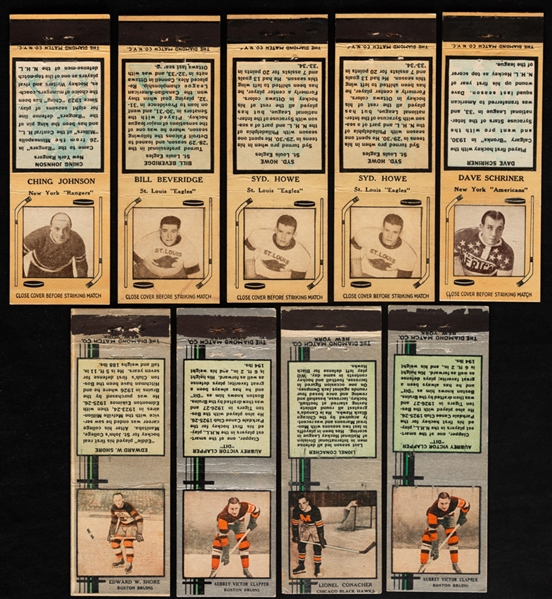 1933-39 Diamond Match Silver and Tan Hockey Matchbook Cover Collection of 13 with Full Matchbooks (4) Inc. Pair in Cello Pack Plus Circa 1912-13 Imperial Tobacco C57 "Derby" Cigarette Box / Wrapper