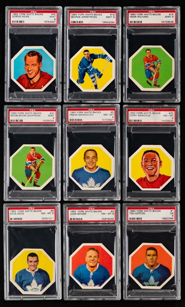 1963-64 York Peanut Butter Hockey (White Backs) Complete PSA-Graded 54-Card Set - 53 Cards Graded NM-MT 8 or Better Including MINT 9 Cards (20) and GEM MT 10 Cards (3)