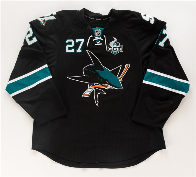 Scott Hannans 2012-13 San Jose Sharks Game-Worn Playoffs Third Jersey - George Gund III Memorial Patch! - Photo-Matched! 
