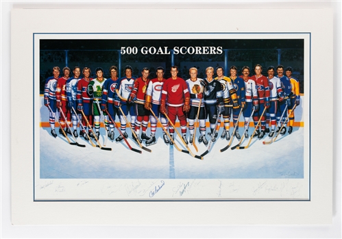 500-Goal Scorers Lithograph Autographed by 17 with Howe, Beliveau, Gretzky and Others with JSA LOA (29" x 43")  