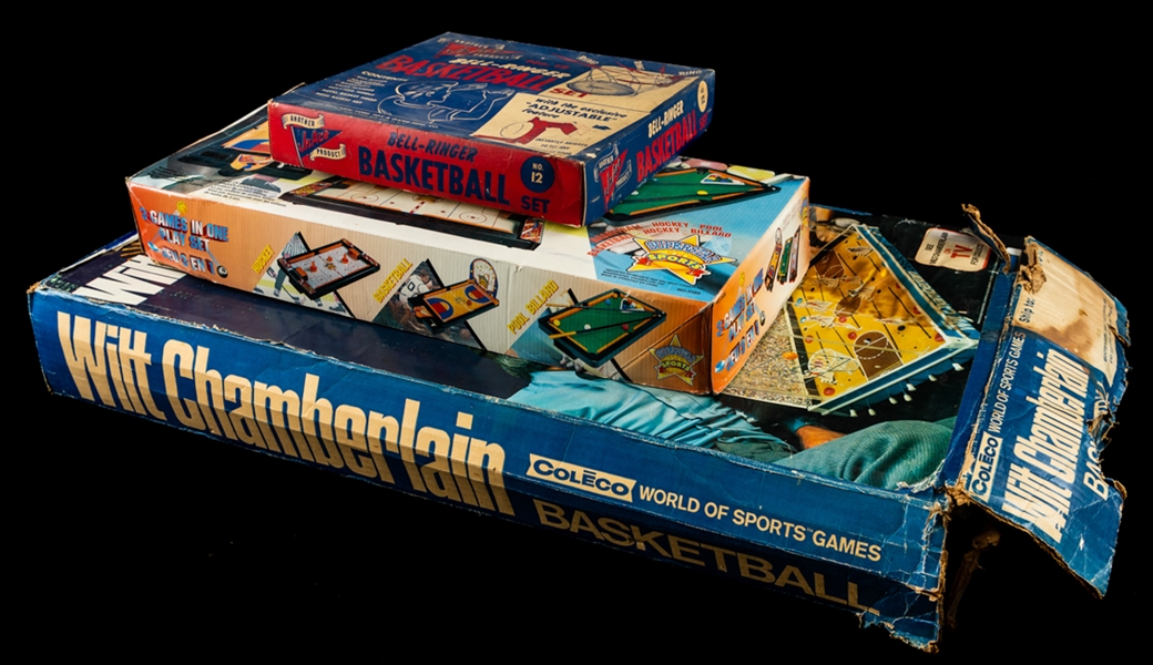 Vintage 1950s-90s Basketball Game Collection of 3 Including Rare 1973 Coleco Wilt Chamberlain Game, 1954 Bell-Ringer Basketball Set and 1990s 3 in 1 Play Set
