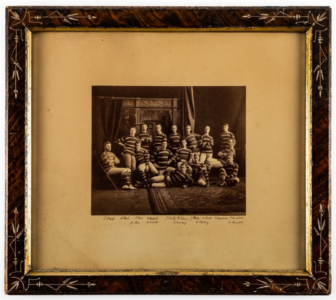 Antique 1880s Keens Mustard Tin with Rugby Graphics Plus 1880s Framed Rugby Team Photo (16" x 18") 