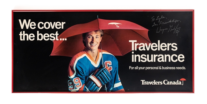 Wayne Gretzky Edmonton Oilers Signed Vintage 1980s Canada Travelers Framed Advertising with LOA (15" x 33")
