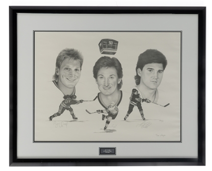 Wayne Gretzky, Mario Lemieux and Brett Hull Triple-Signed Joe Theiss "50 Goals in Under 50 Games" Limited-Edition Framed Lithograph #21/1000 (43” x 35 1/2")