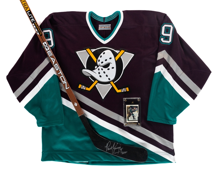 Paul Kariyas Early-2000s Anaheim Mighty Ducks Signed Easton Game-Used Stick Plus Signed Pro On-Ice Jersey and Signed Card